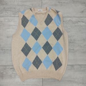 Gran Sasso Mens Wool Cashmere Tan Blue Argyle V neck Sweater Vest XL